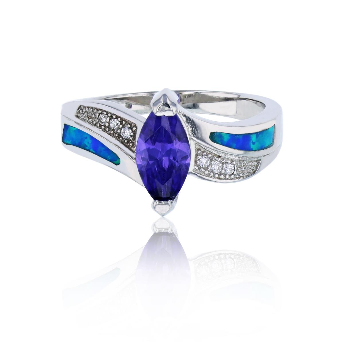 Sterling Silver Rhodium Amethyst Marquise Cut CZ & Created White Opal 2-Row Wavy Sides Fashion Ring