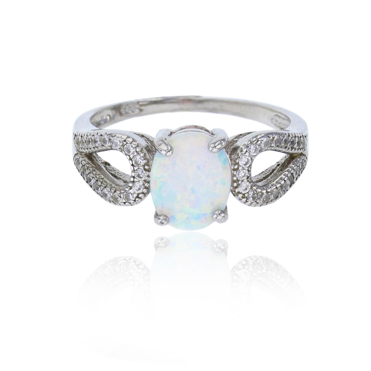 Sterling Silver Rhodium Oval Cut Created White Opal & White CZ Split Shank Fashion Ring
