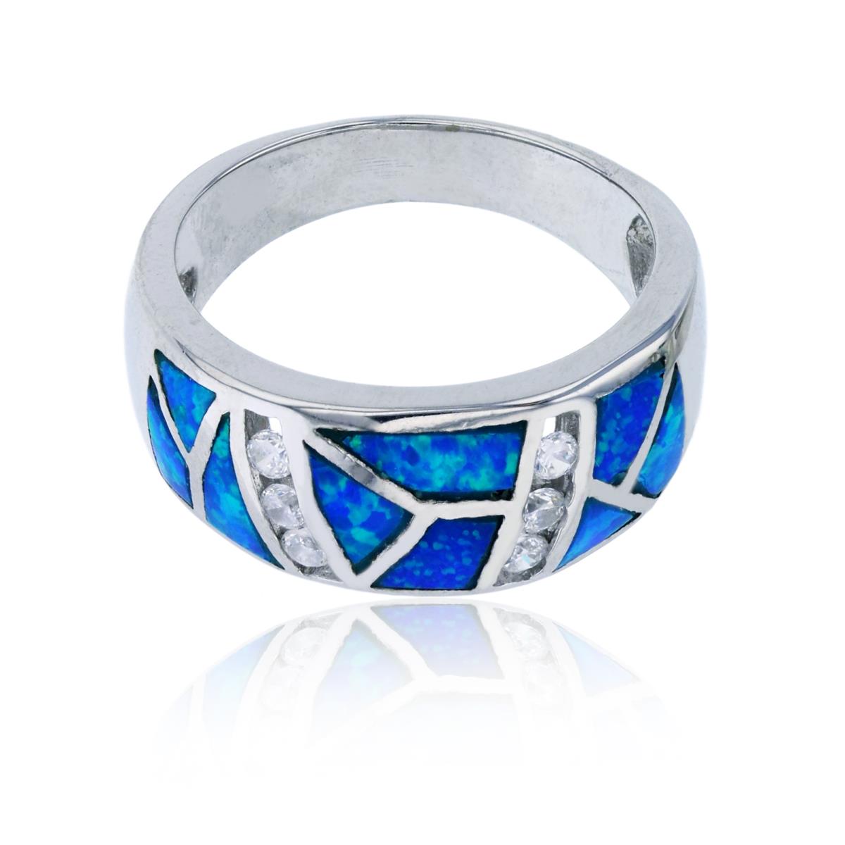 Sterling Silver Rhodium Created Blue Opal & White CZ Mosaic Fashion Ring