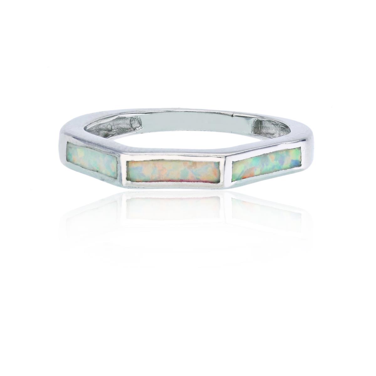 Sterling Silver Rhodium Created White Opal Hexagon Fashion Ring