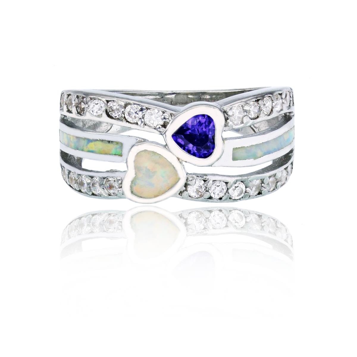 Sterling Silver Rhodium 3-Strand Created White Opal, White & Amethyst CZ Double Hearts Fashion Ring