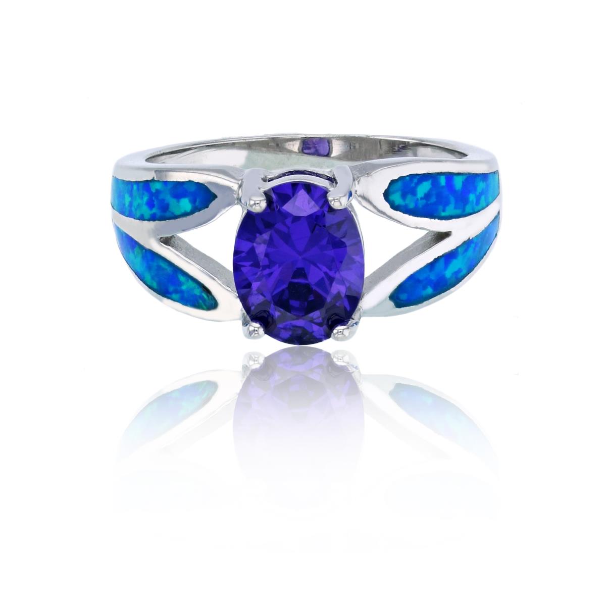 Sterling Silver Rhodium Oval Cut Amethyst CZ & Split 2-Row Created Blue Opal Sides Fashion Ring