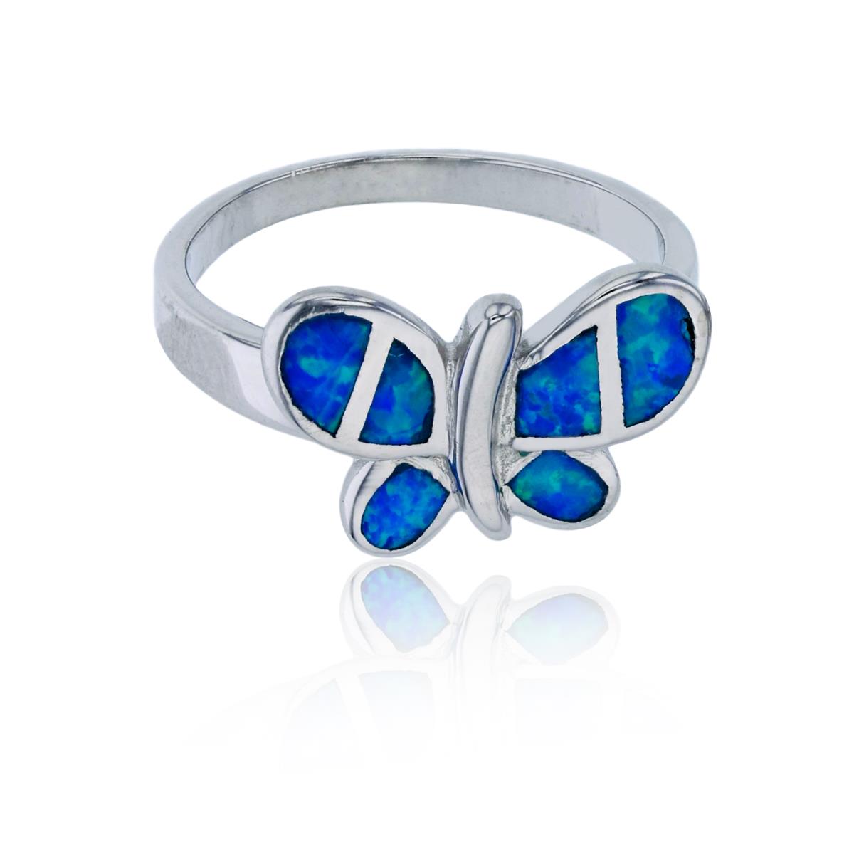Sterling Silver Rhodium Polished Created Blue Opal Butterfly Fashion Ring