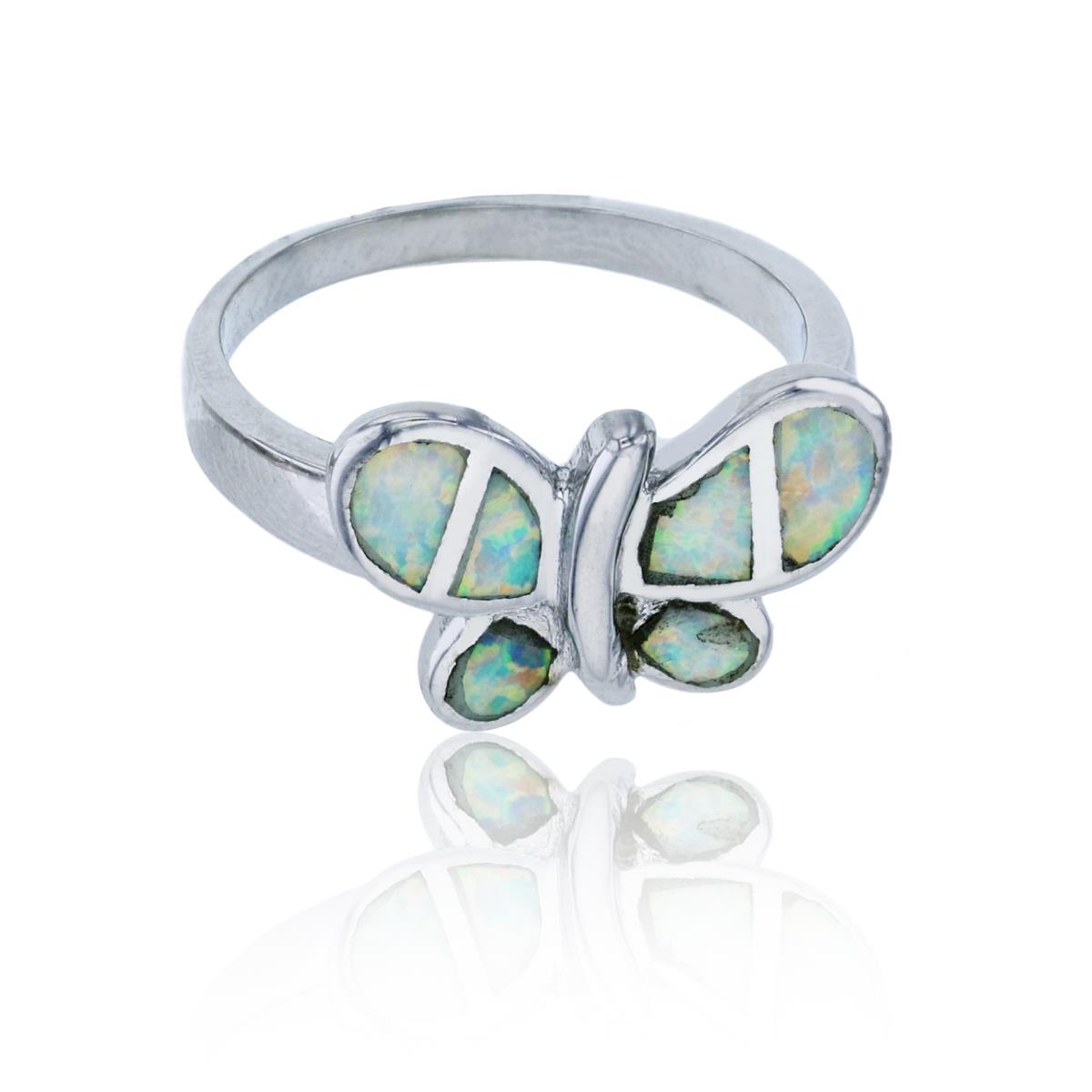 Sterling Silver Rhodium Polished Created White Opal Butterfly Fashion Ring