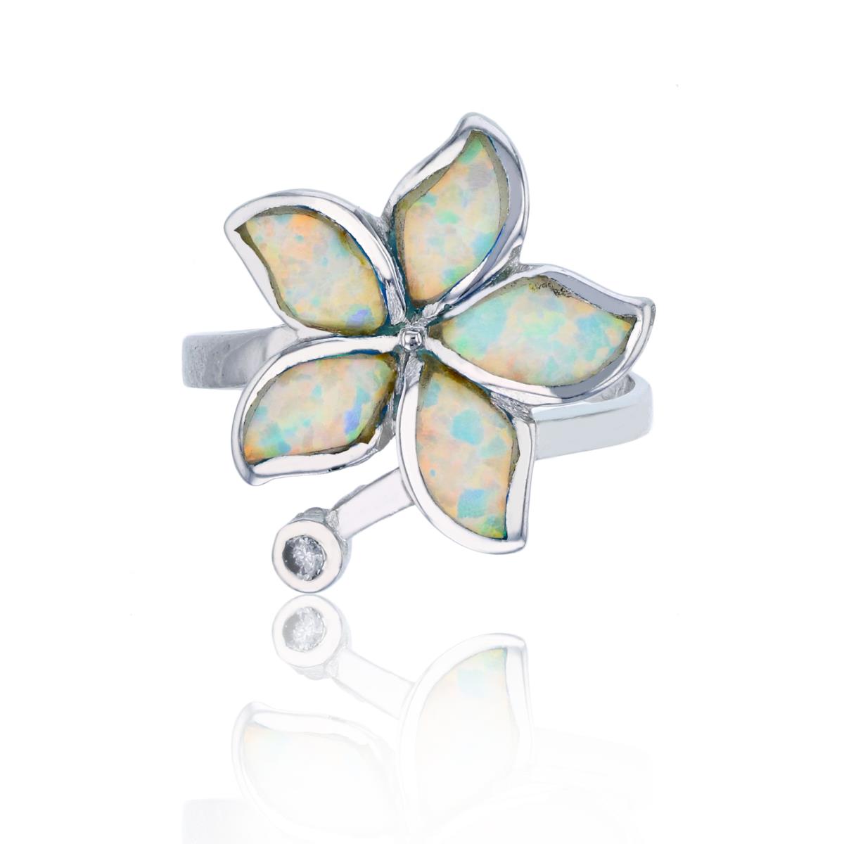 Sterling Silver Rhodium Created White Opal Flower Fashion Ring