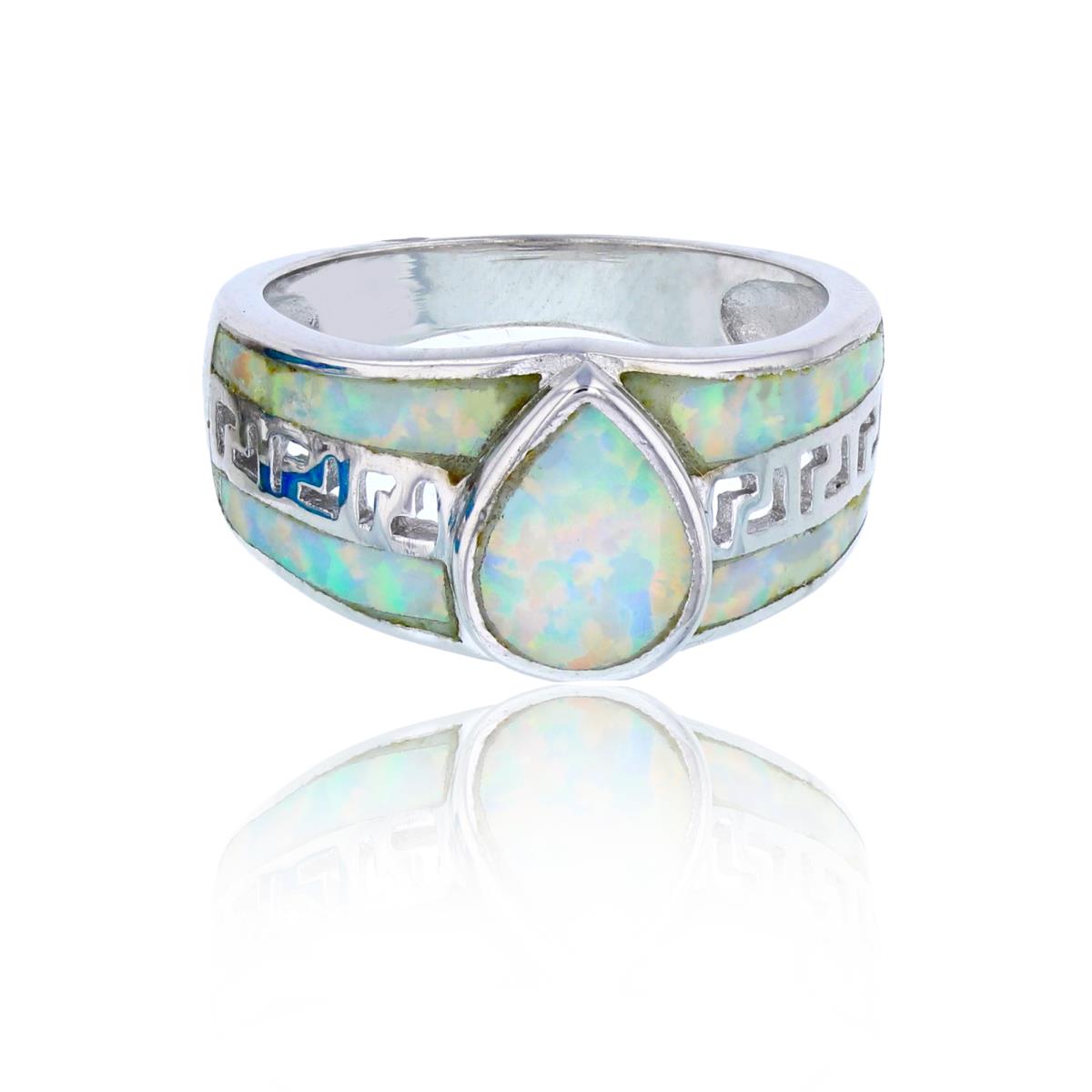 Sterling Silver Rhodium Pear Shape Created White Opal Greek Key 3-Row Sides Fashion Ring