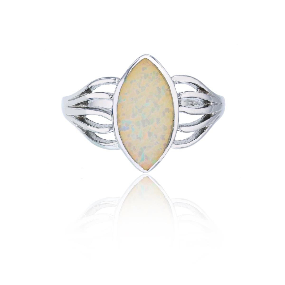 Sterling Silver Rhodium Multi Strand Marquise Cut Created White Opal Fashion Ring
