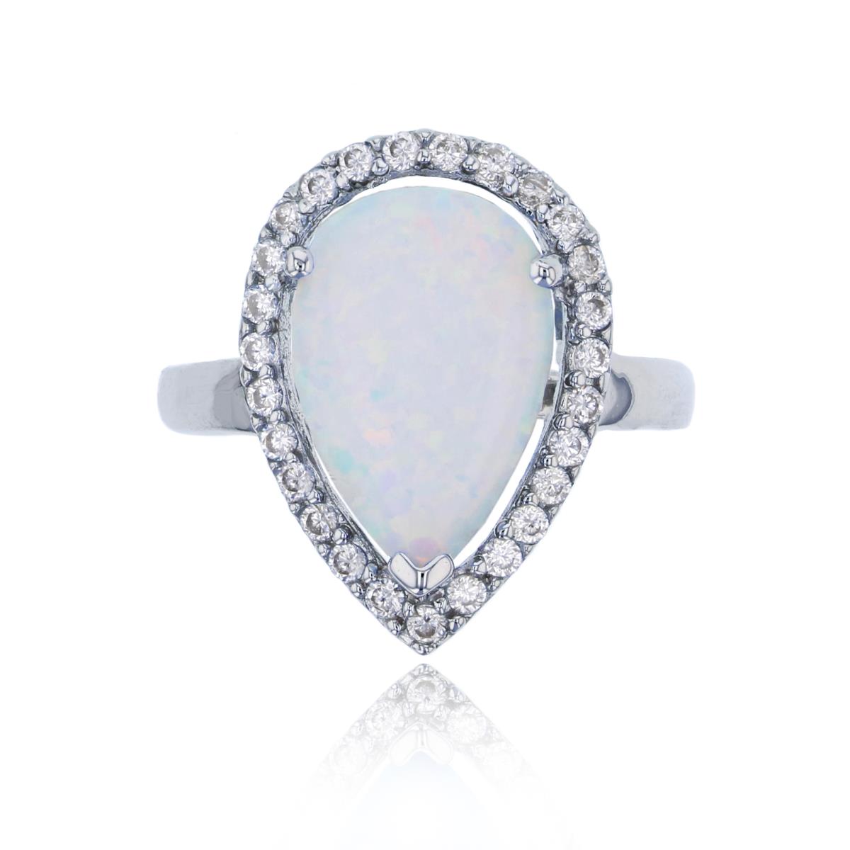 Sterling Silver Rhodium Created White Opal & White CZ Pear Halo Fashion Ring