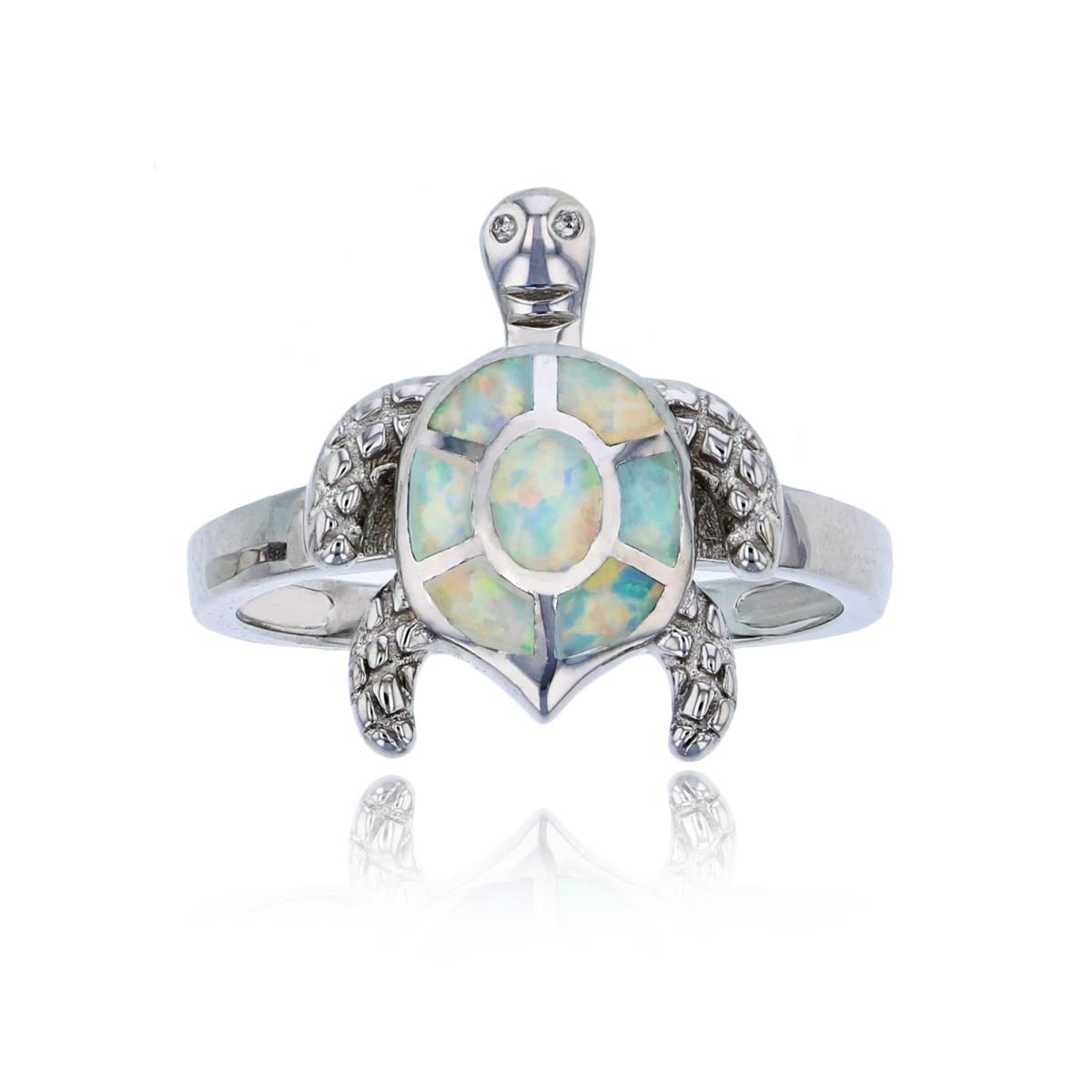 Sterling Silver Rhodium Created White Opal Turtle Fashion Ring