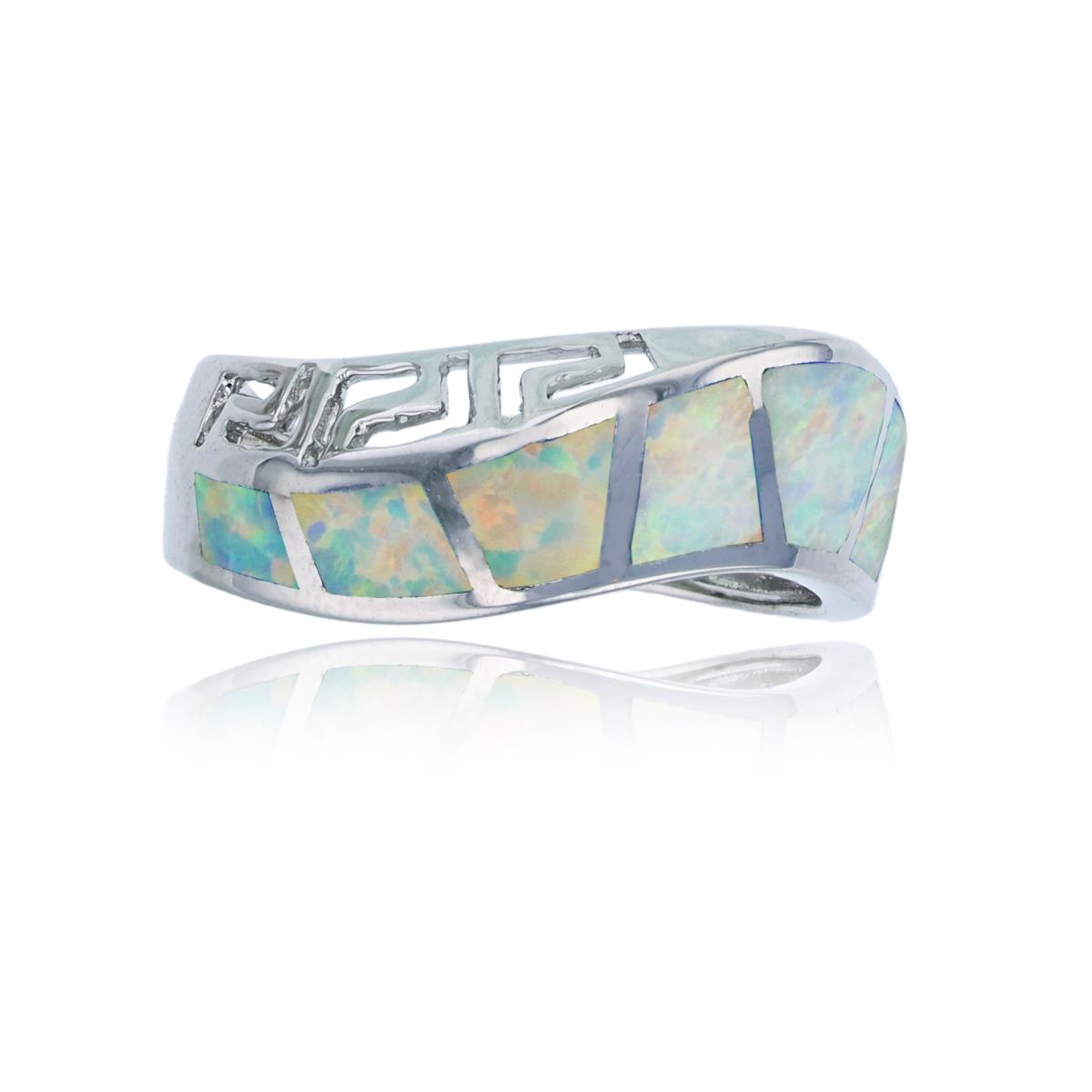 Sterling Silver Rhodium Created White Opal Mosaic & Greek Key Wavy Fashion Ring