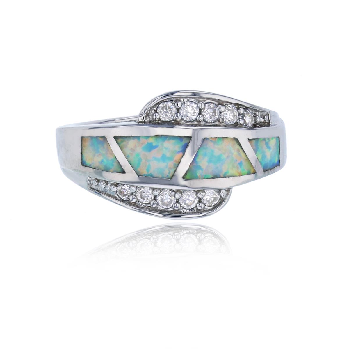 Sterling Silver Rhodium 3-Row Created White Opal & White CZ Fashion Ring