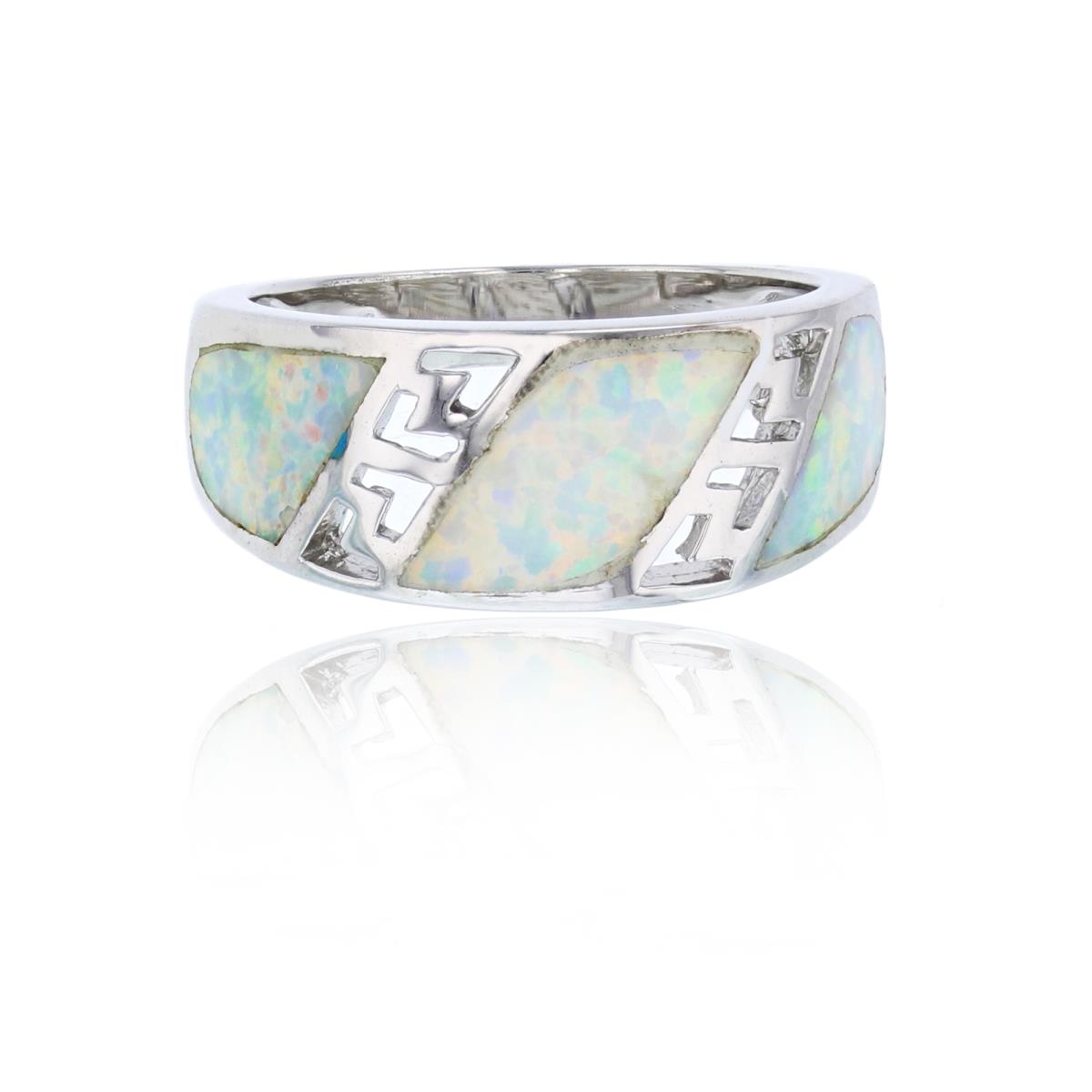 Sterling Silver Rhodium Alternating Created White Opal & Greek Key Fashion Ring
