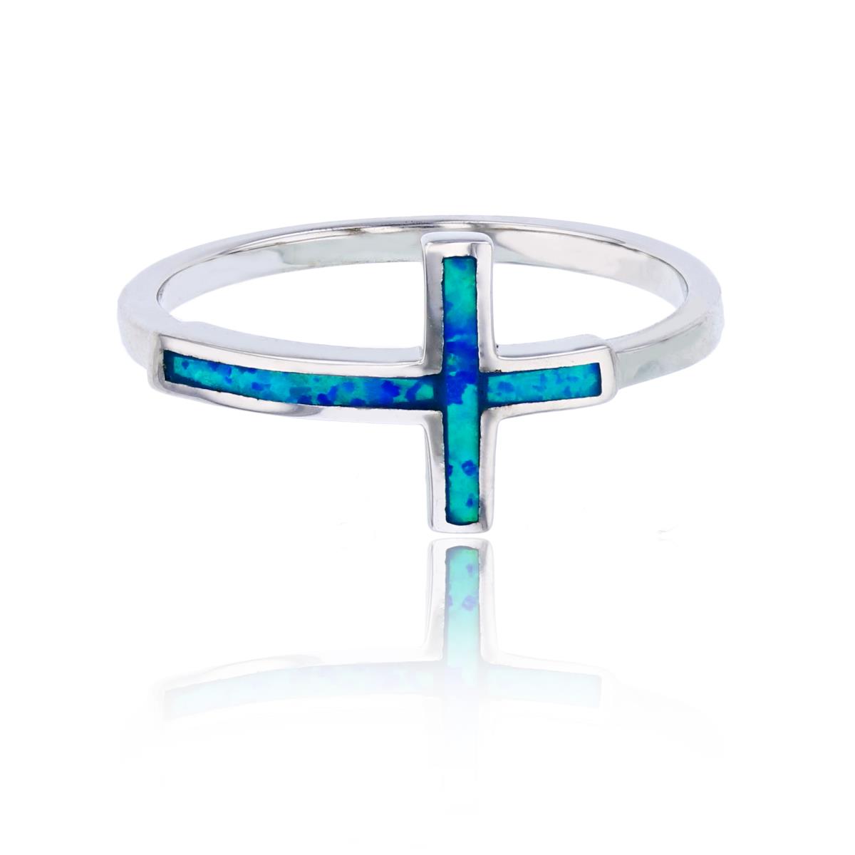 Sterling Silver Rhodium Created Blue Opal Sideways Cross Fashion Ring