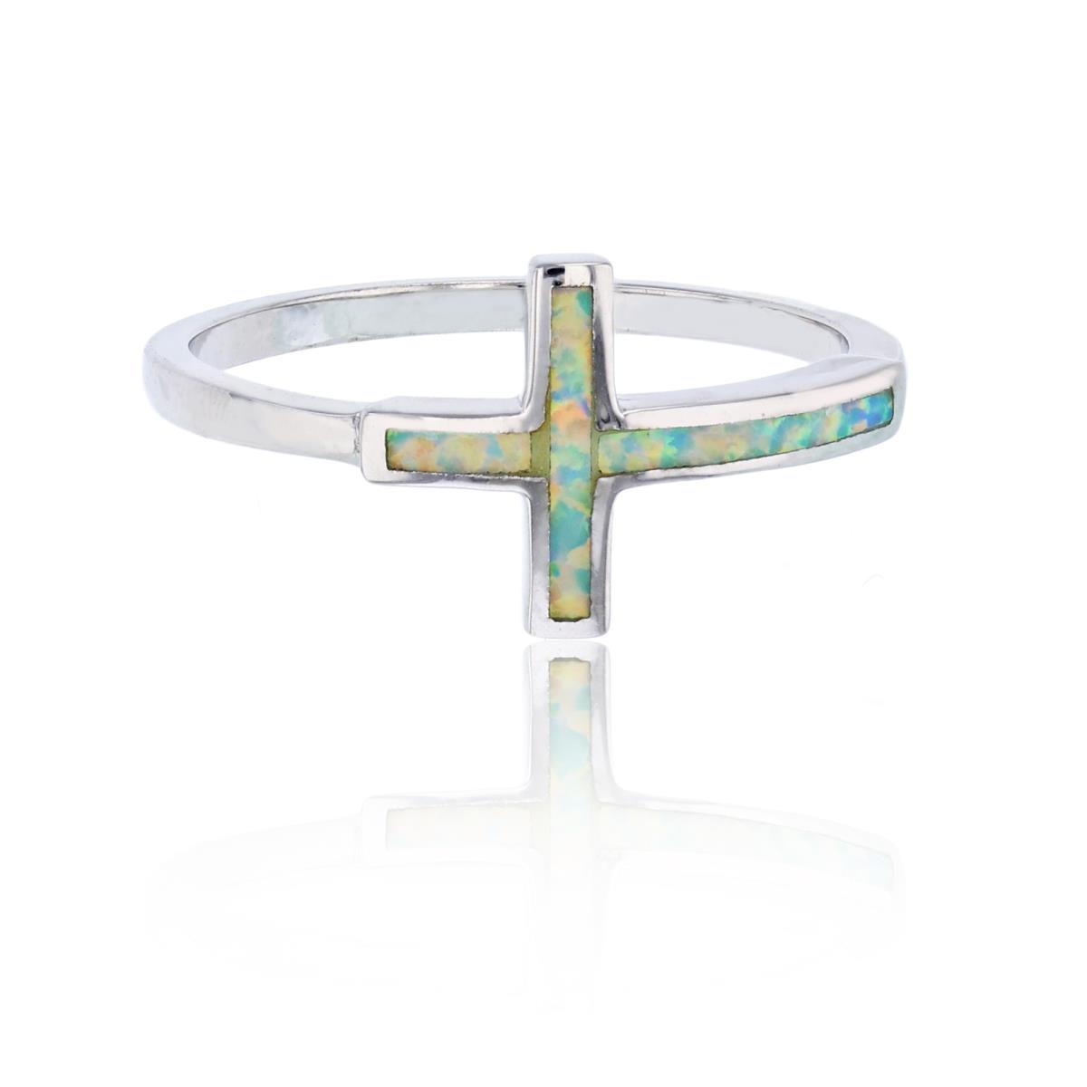 Sterling Silver Rhodium Created White Opal Sideways Cross Fashion Ring