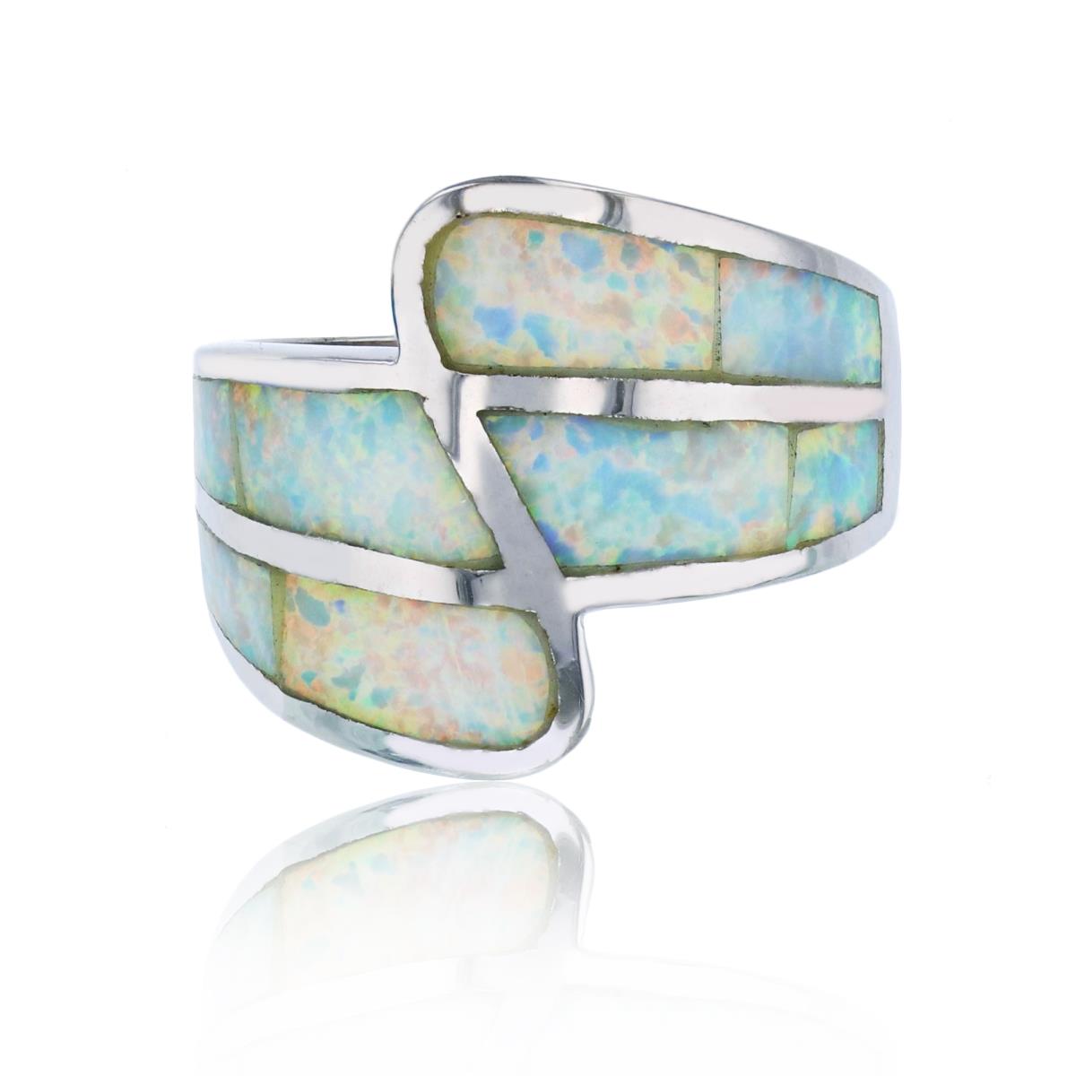 Sterling Silver Rhodium 3-Row Created White Opal Fashion Ring