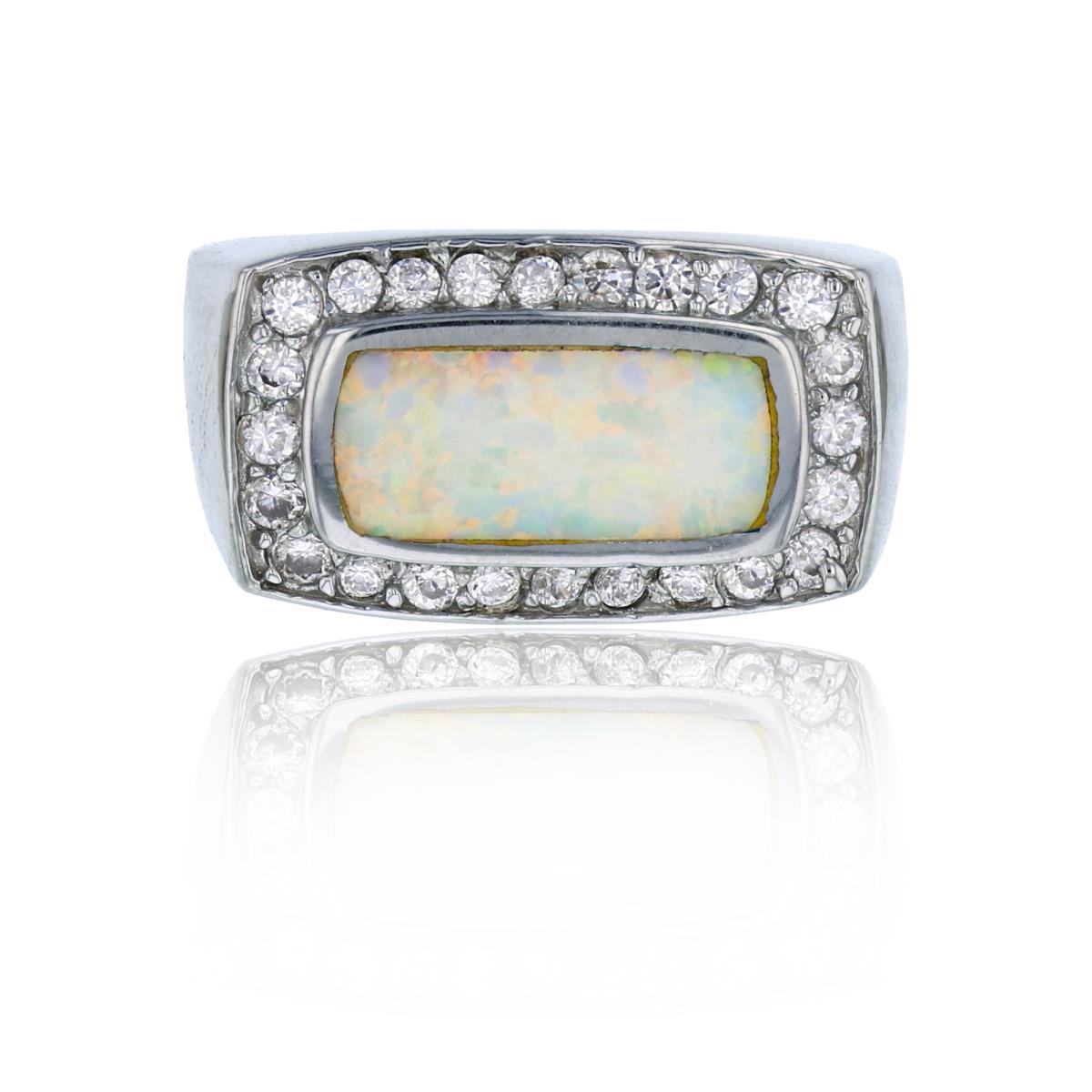 Sterling Silver Rhodium Created White Opal & White CZ Rectangular Halo Flat Top Fashion Ring