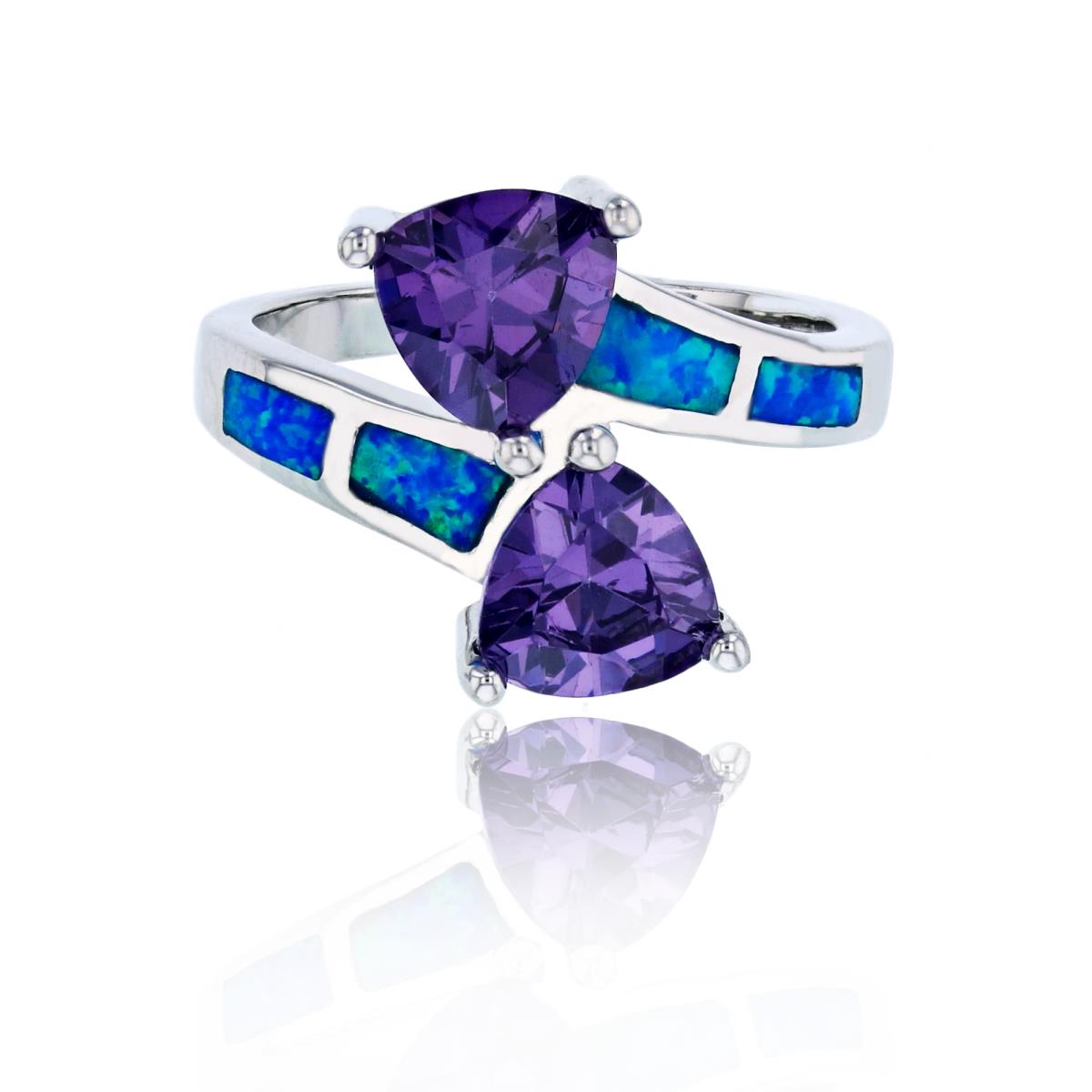 Sterling Silver Rhodium Double Amethyst Trillion Cut CZ & Created Blue Opal Fashion Ring