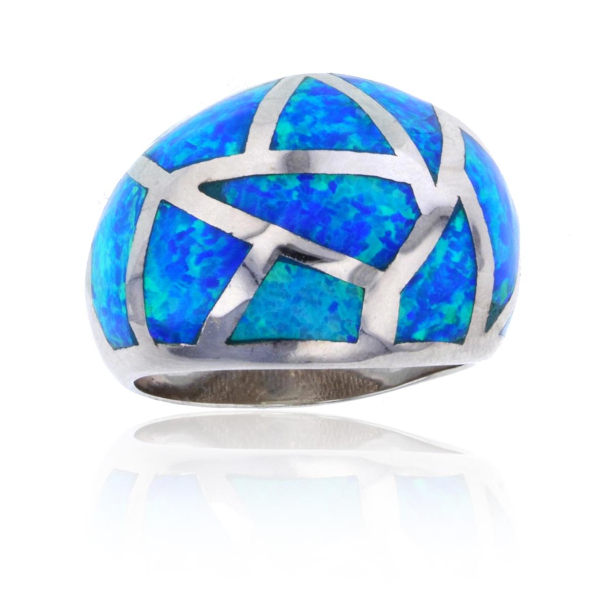Sterling Silver Rhodium Created Blue Opal Mosaic Dome Fashion Ring