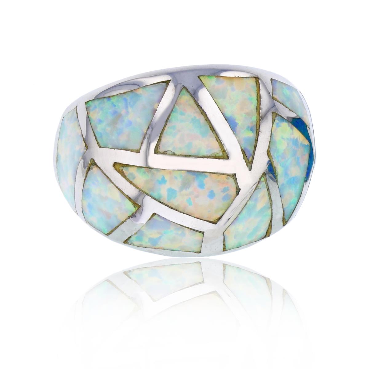 Sterling Silver Rhodium Created White Opal Mosaic Dome Fashion Ring