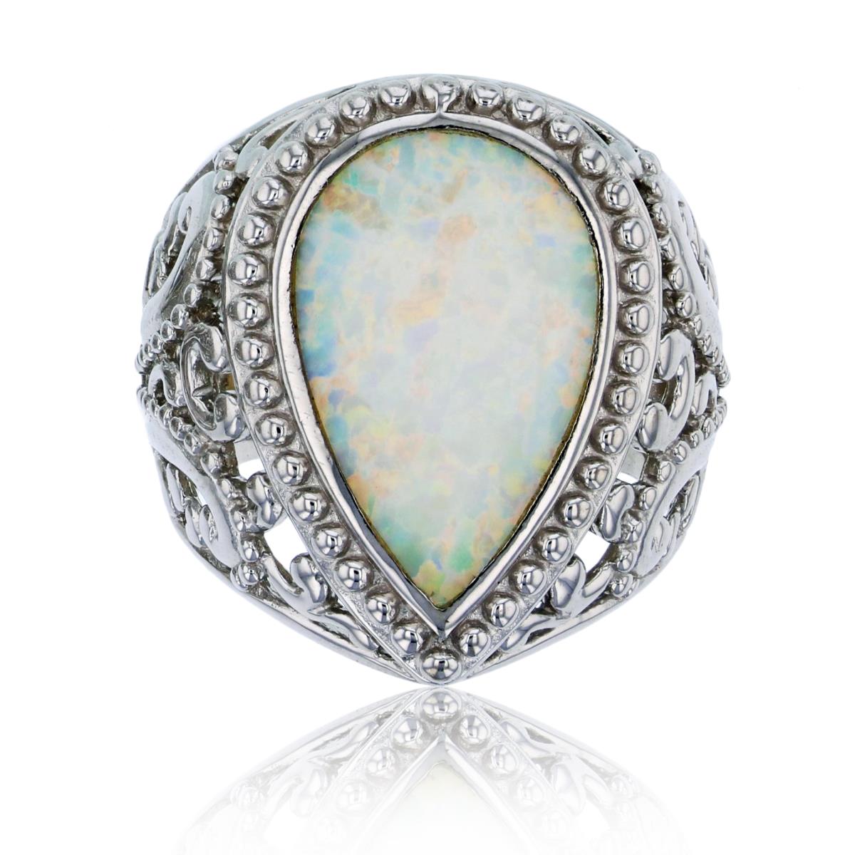 Sterling Silver Rhodium Created White Opal Filigree Fashion Ring
