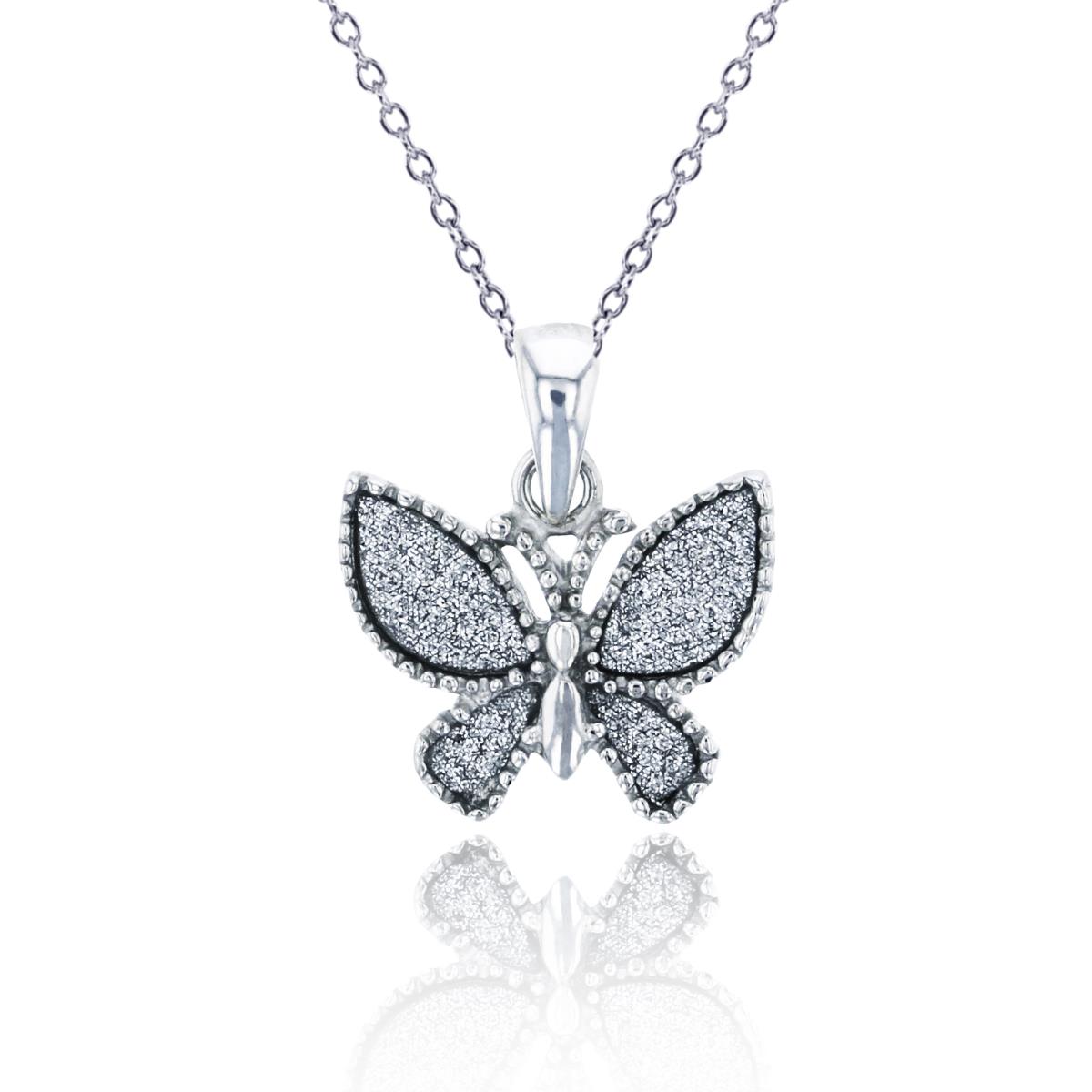 Sterling Silver Rhodium Milgrain Glitter Butterfly 18" Necklace