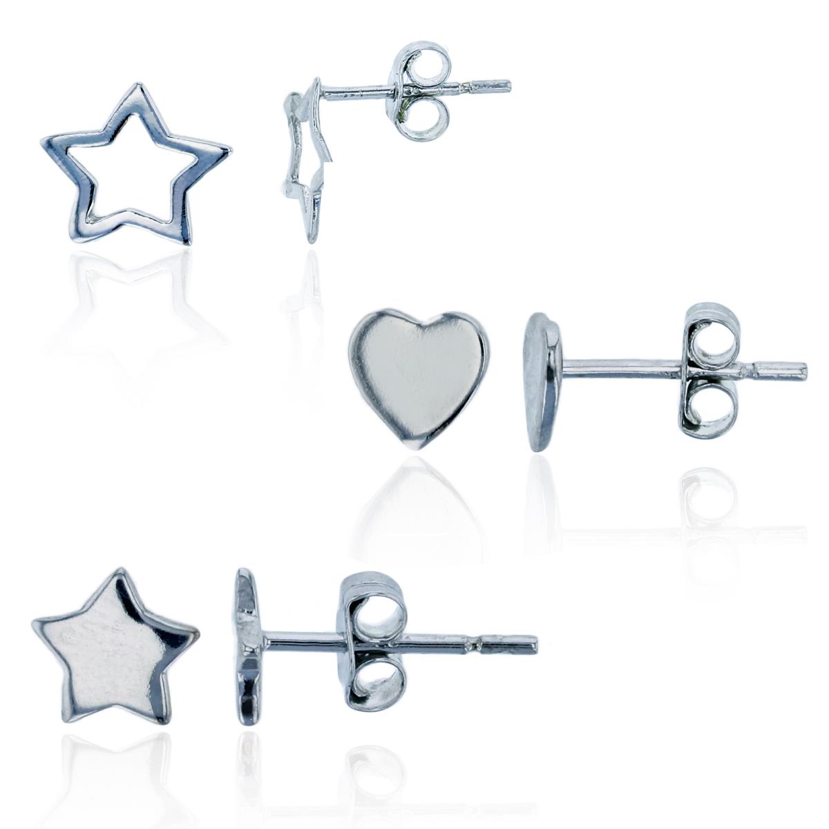 Sterling Silver Rhodium Star, Heart & Moon Stud Earrings Set