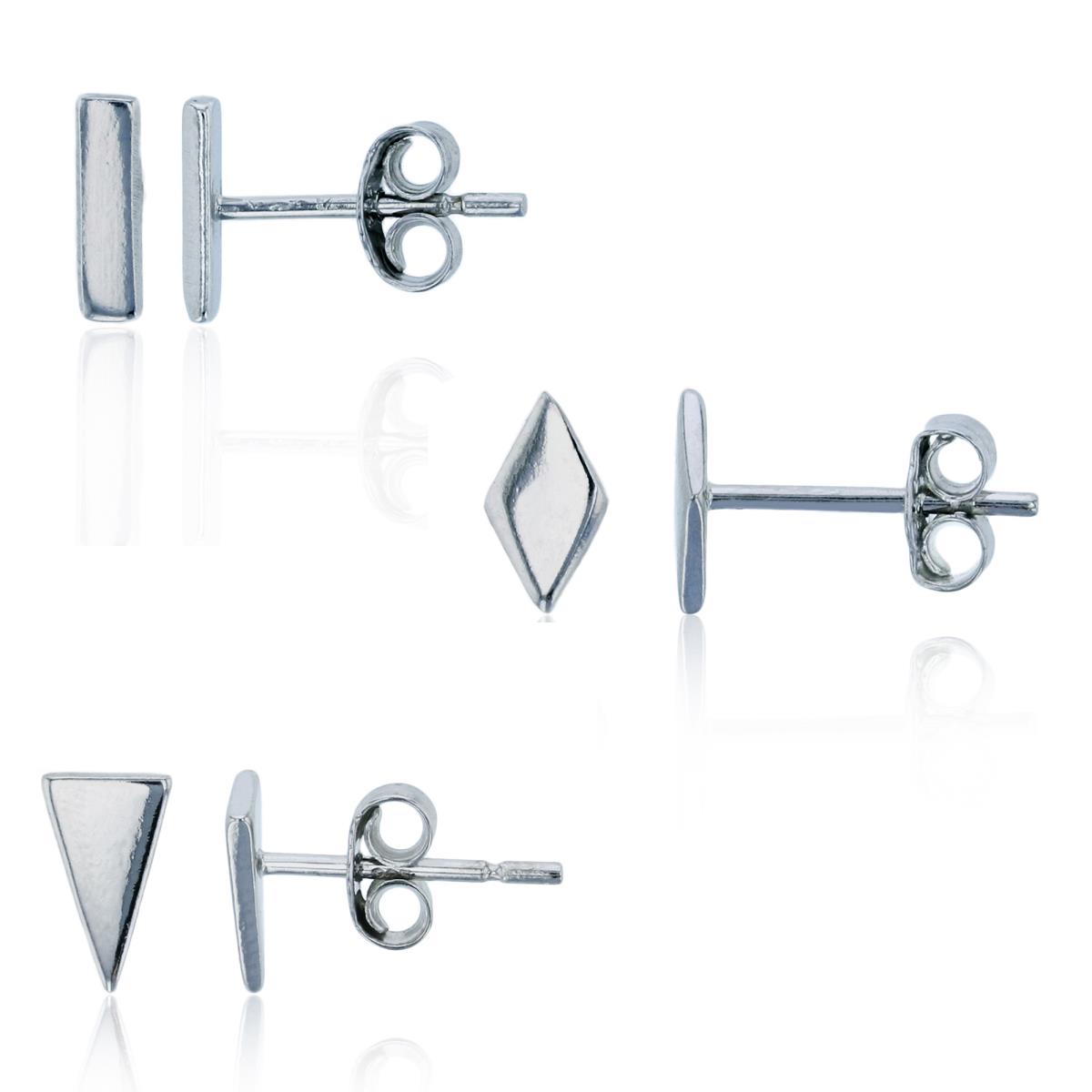 Sterling Silver Rhodium Polished Bar , Rhombus & Spike Earrings Set