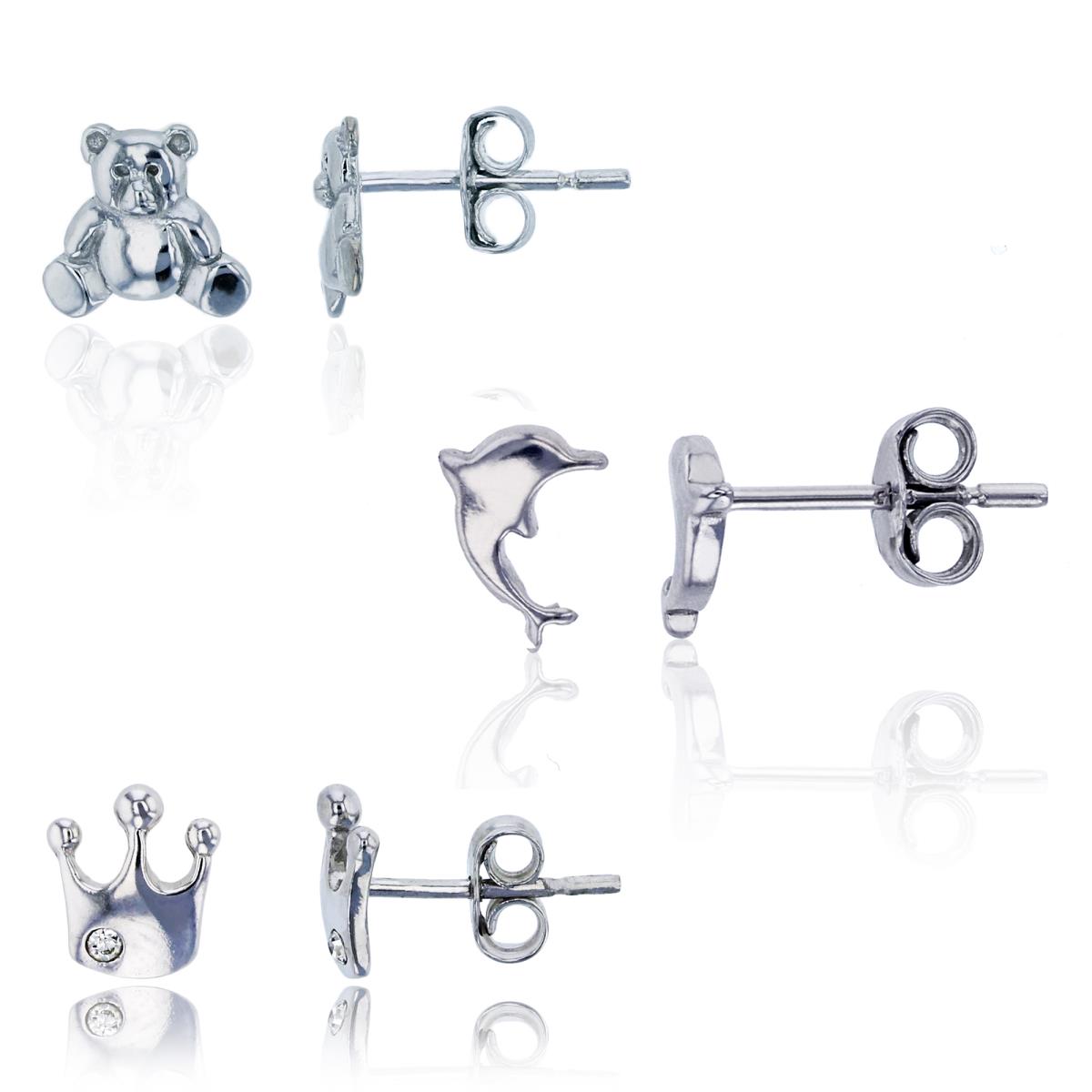 Sterling Silver Rhodium 7mm Polished Teddy Bear, Dolphin & Crown Earrings Set