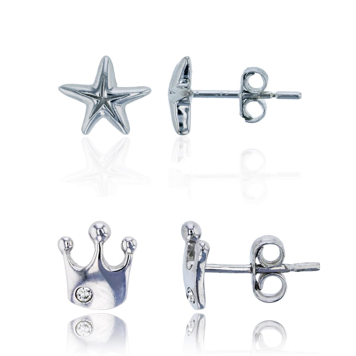 Sterling Silver Rhodium Starfish & Crown Stud Earrings Set