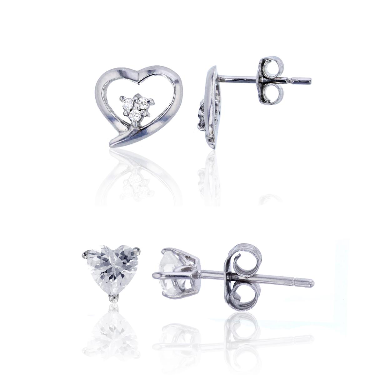 Sterling Silver Rhodium Heart Stud Earrings Set