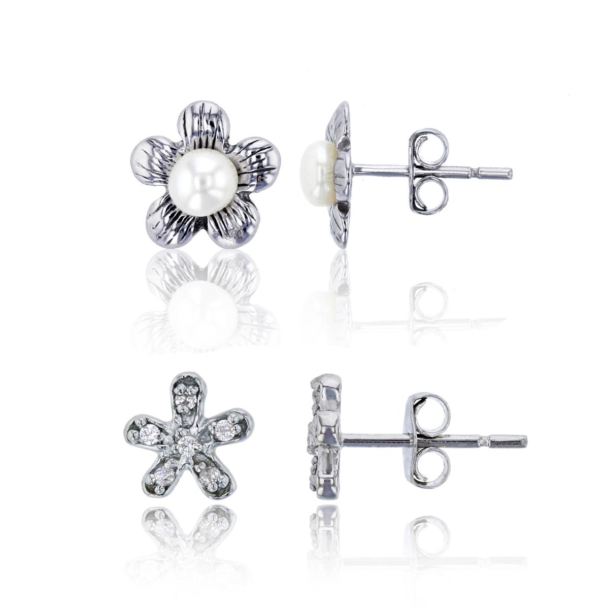 Sterling Silver Rhodium Flower Stud Earrings Set