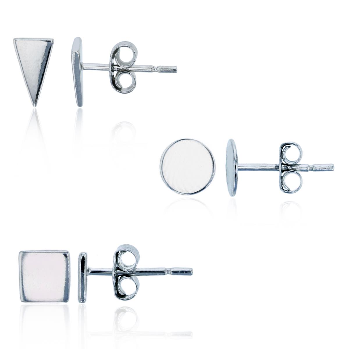 Sterling Silver Rhodium Spike, Flat Circle & Square Stud Earrings Set