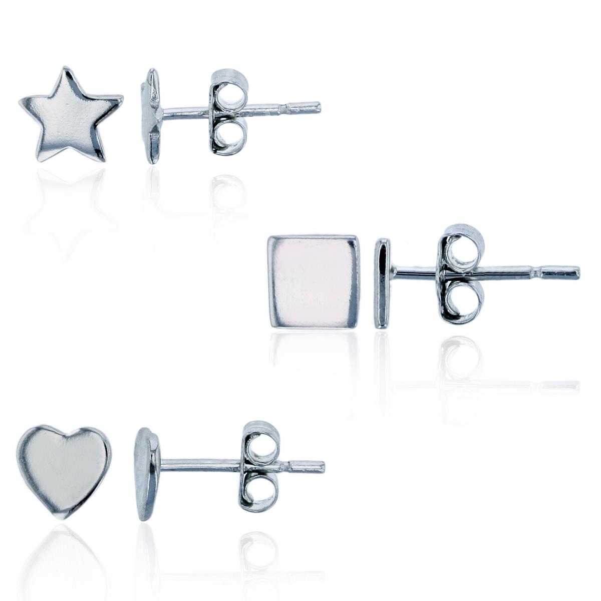 Sterling Silver Rhodium Polished Flat Star, Square & Heart Stud Earrings Set