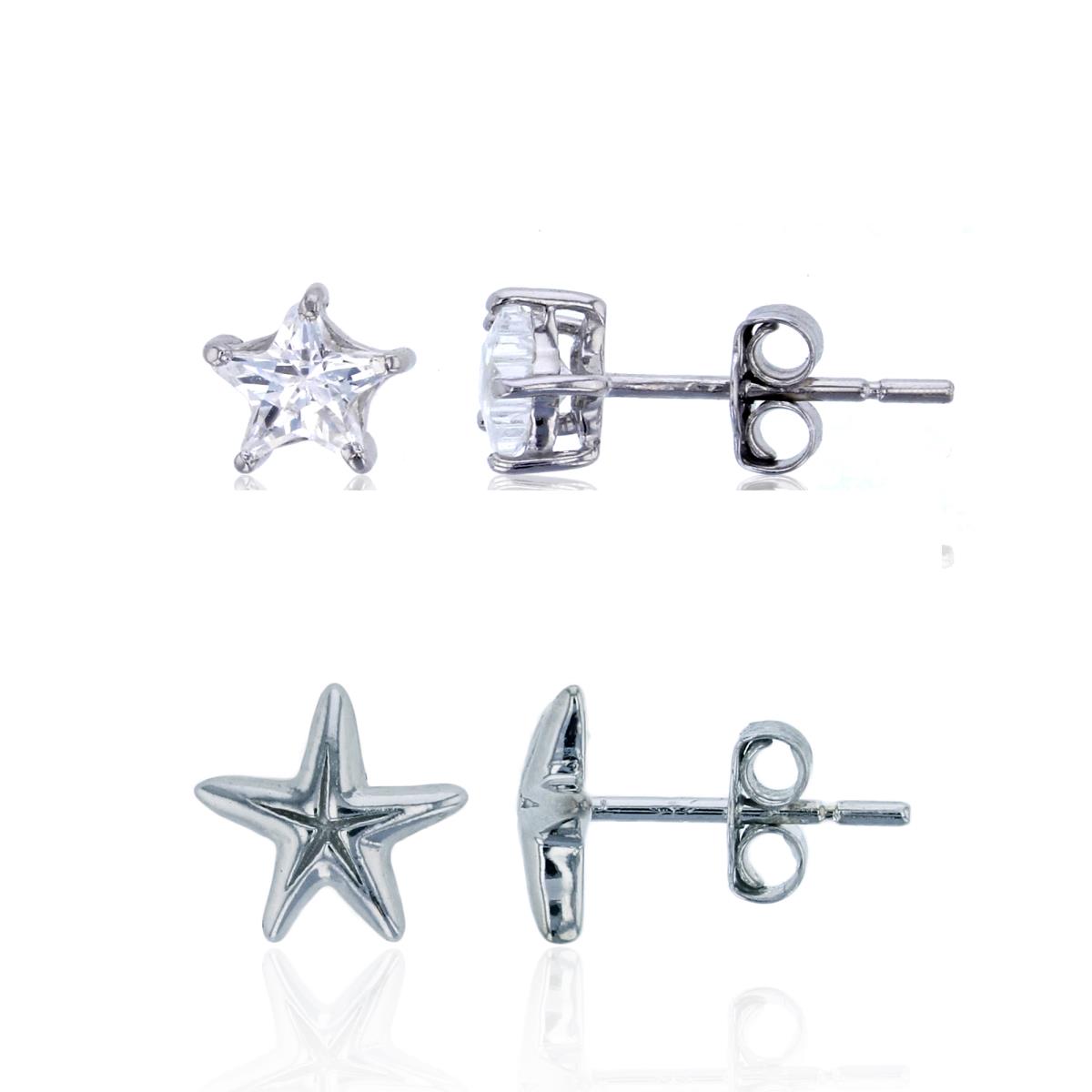 Sterling Silver Rhodium Star & Starfish Stud Earrings Set