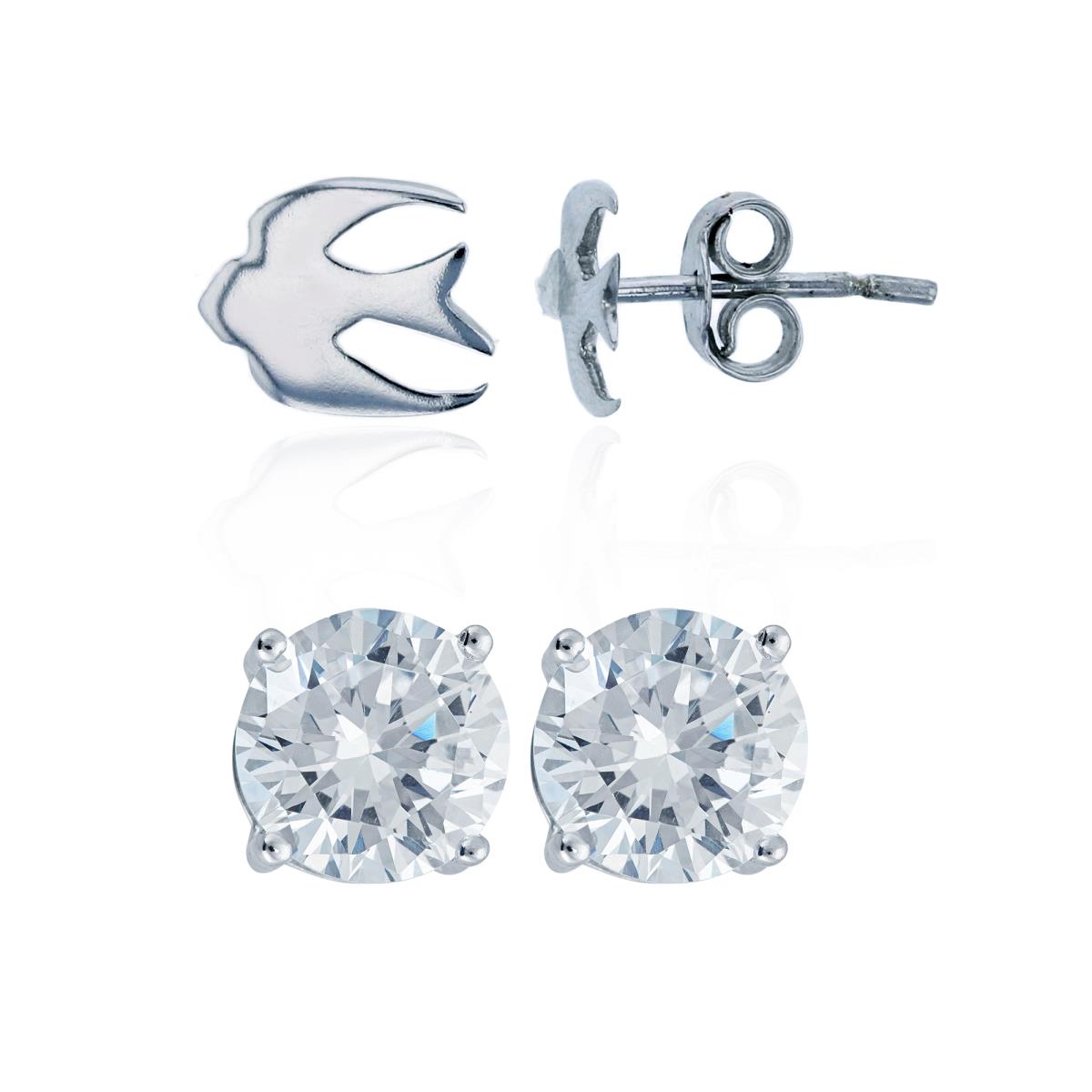 Sterling Silver Rhodium 8x7mm Polished Flying Bird & 5mm Rd Solitaire Stud Earrings Set