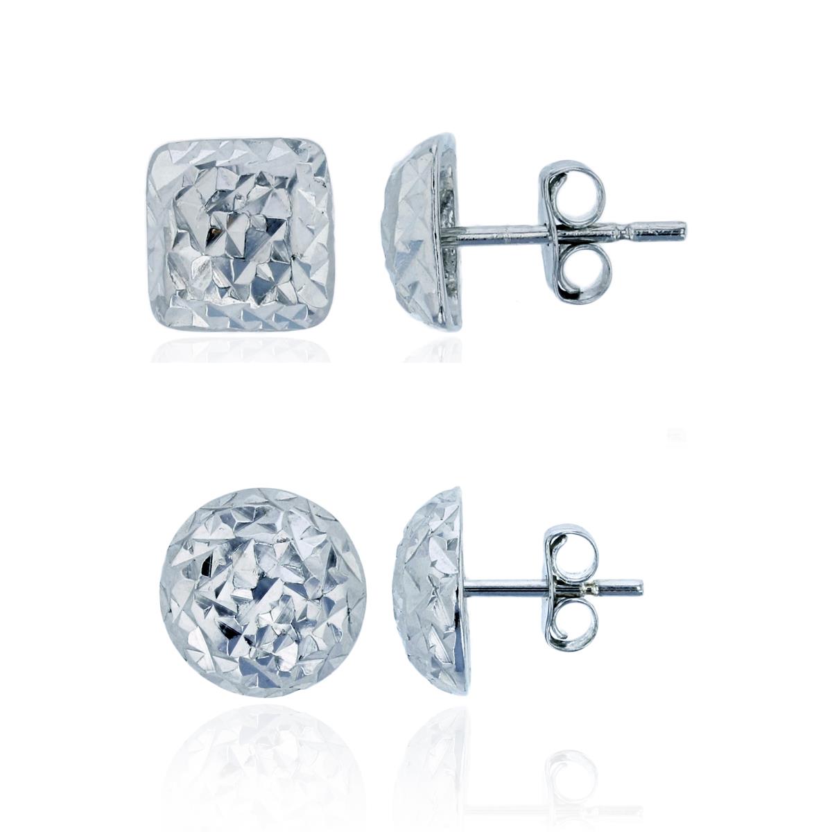 Sterling Silver Rhodium DC Square & Round Dome Stud Earrings Set