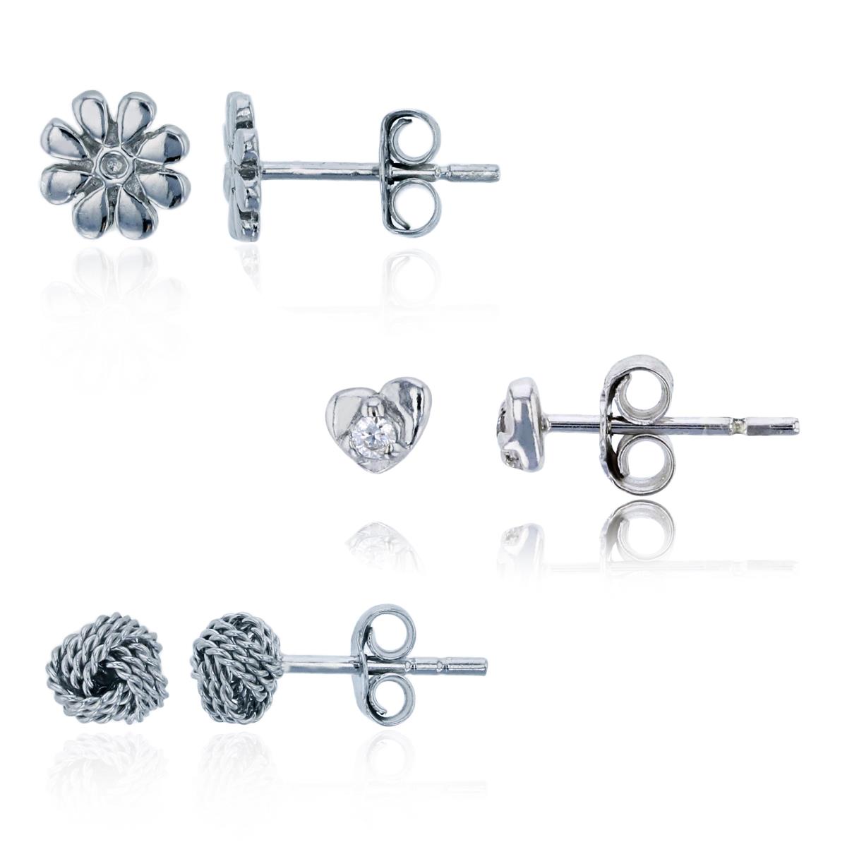 Sterling Silver Rhodium Flower, Rope Knot & Heart Stud Earrings Set