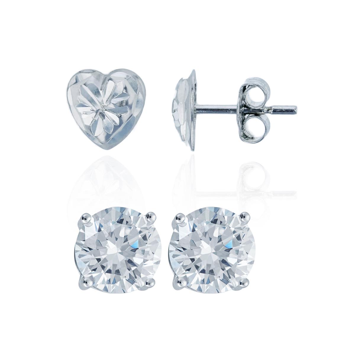 Sterling Silver Rhodium 6x6mm DC Heart & 5.00mm Rd Solitaire Stud Earring Set