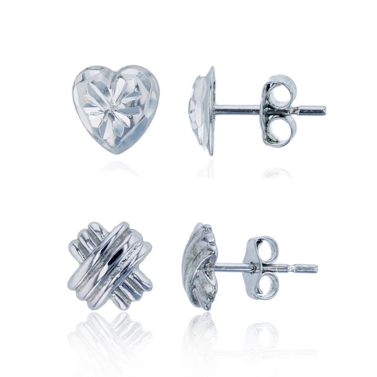 Sterling Silver Rhodium 6x6mm DC Heart & Polished "X" Stud Earrings Set