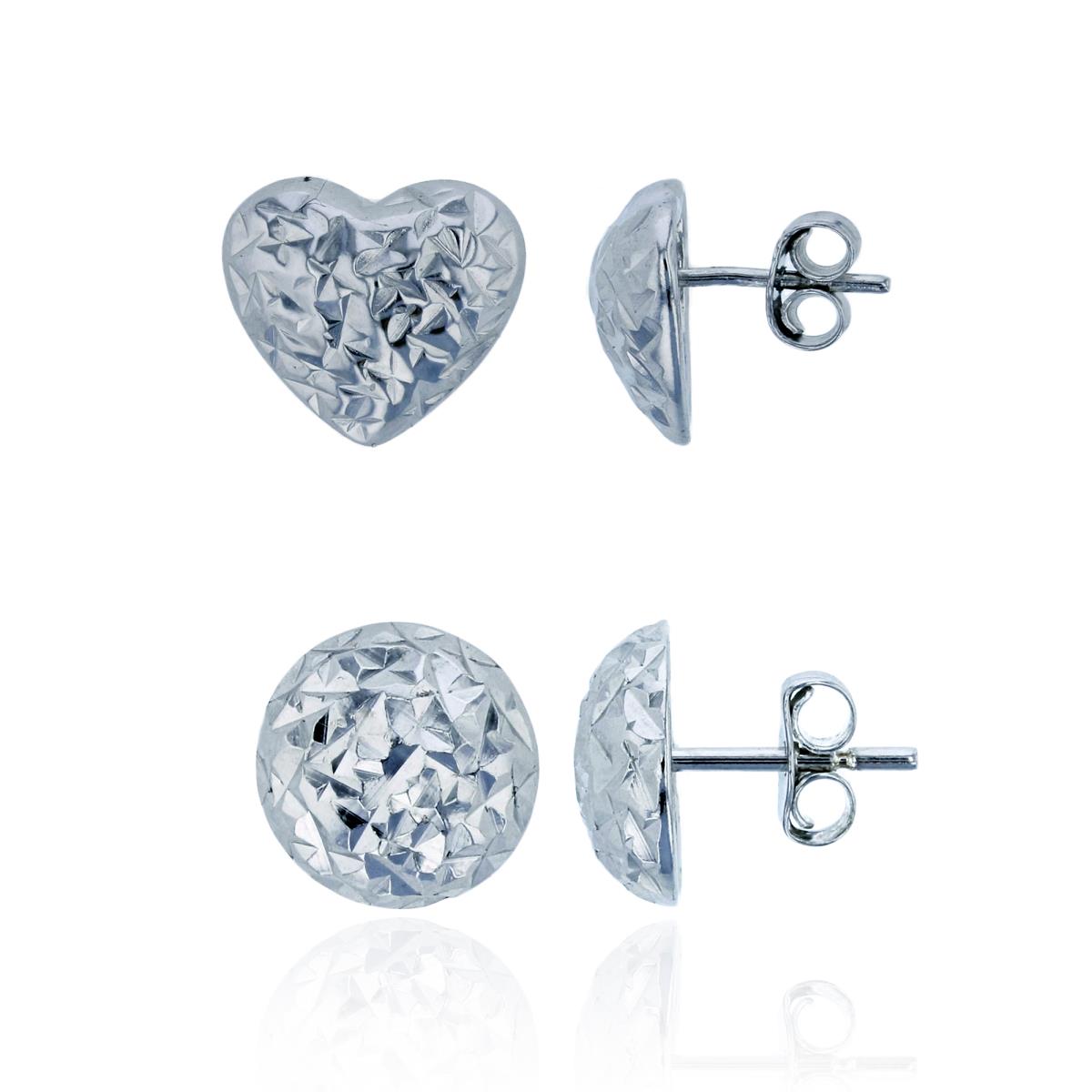 Sterling Silver Rhodium DC Heart & DC Round Dome Stud Earrings Set