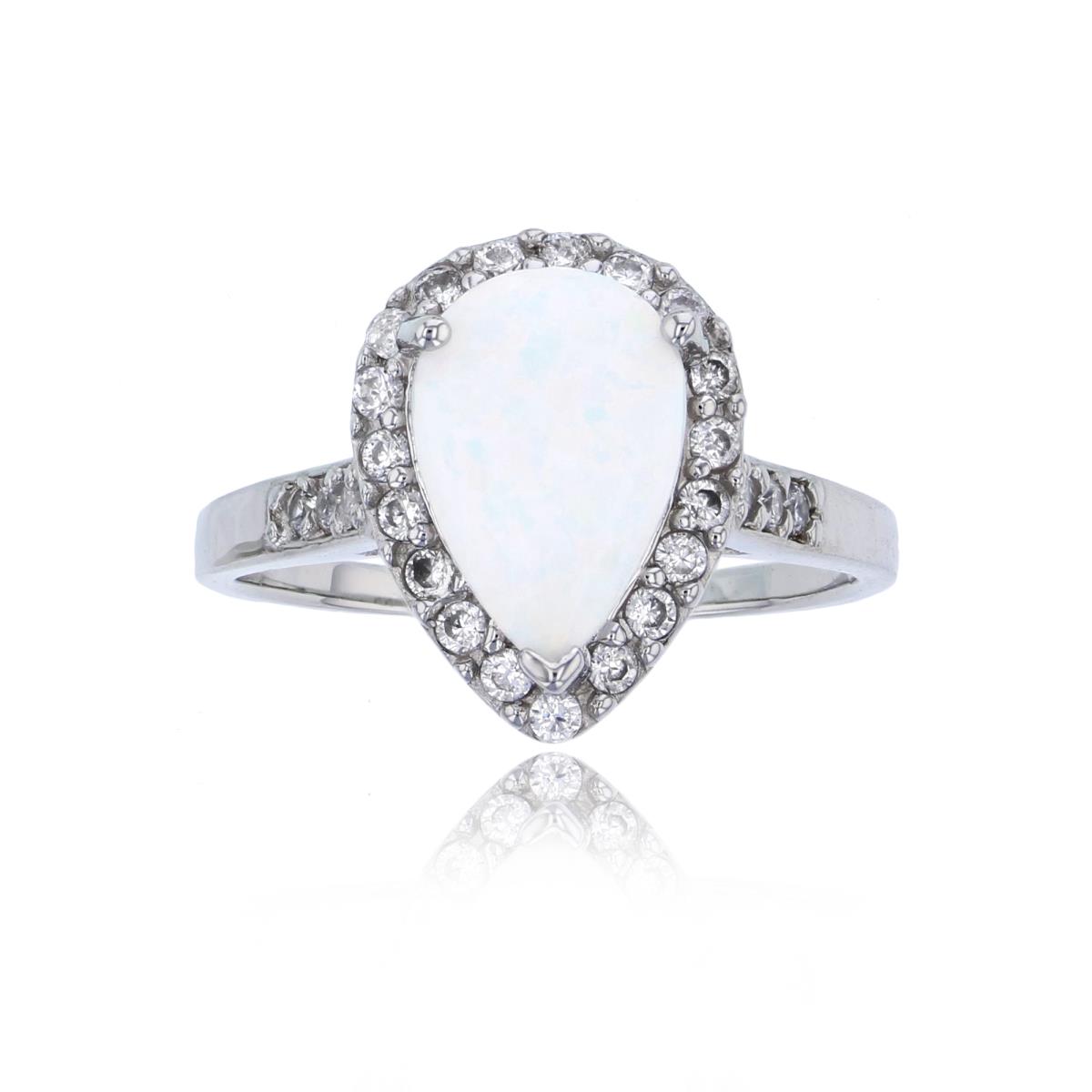 Sterling Silver Rhodium Created White Opal & White CZ Pear Halo Fashion Ring