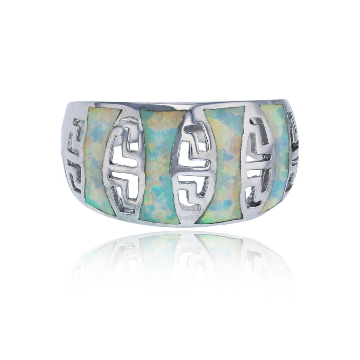 Sterling Silver Rhodium Alternating Created White Opal & Greek Key Dome Fashion Ring