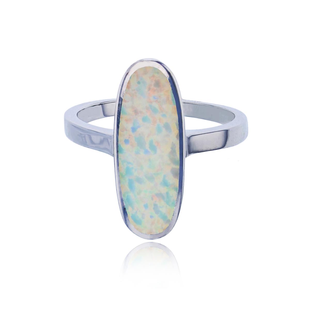 Sterling Silver Rhodium Created White Opal Elongated Oval Fashion Ring
