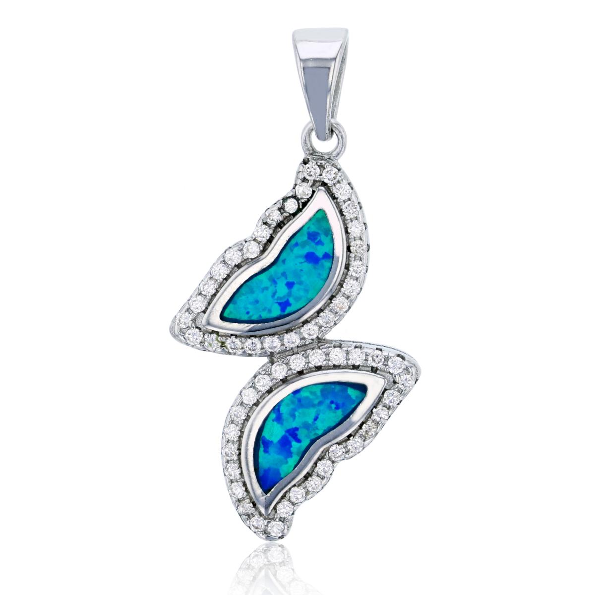 Sterling Silver Rhodium Created Blue Opal & White CZ Double Halves Pendant
