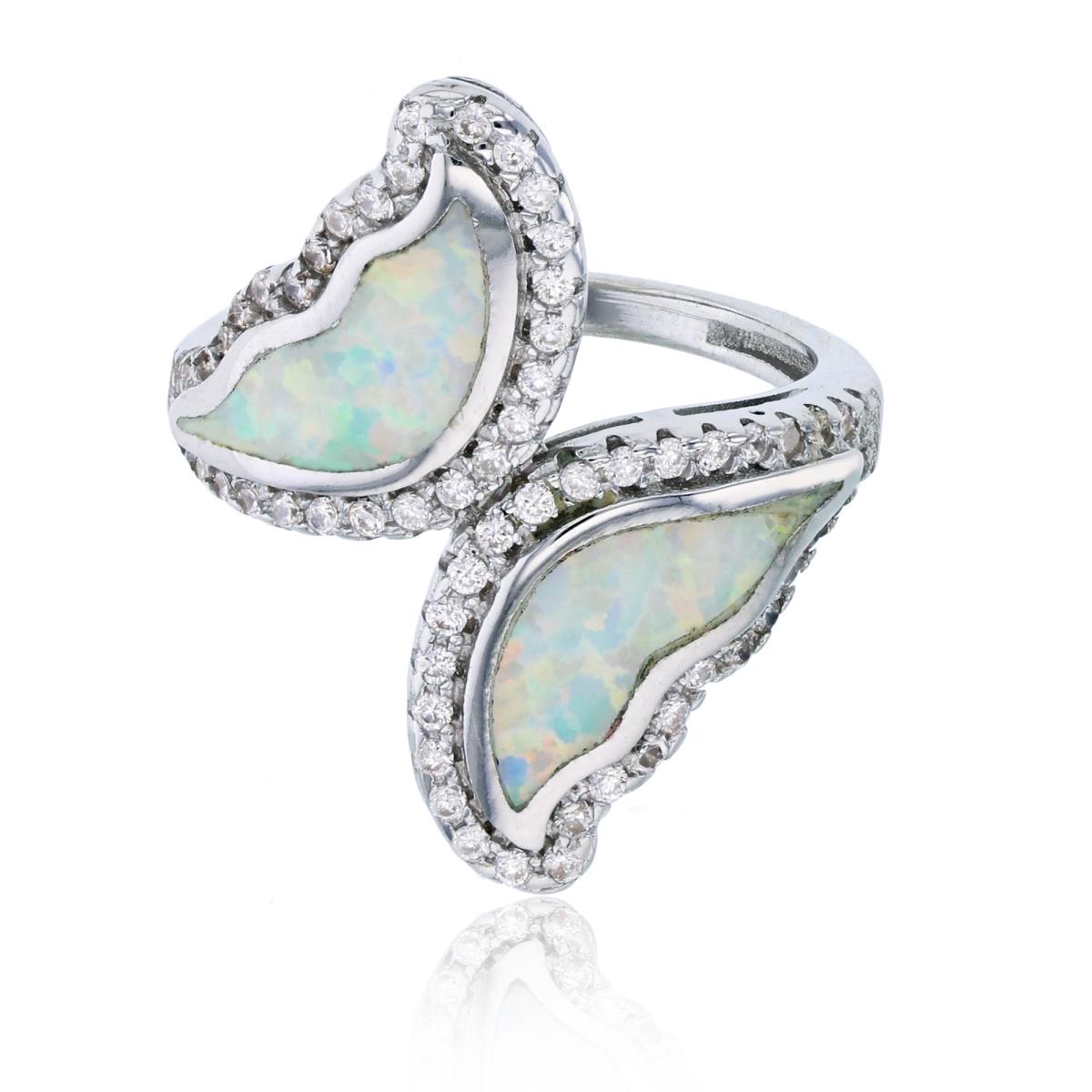 Sterling Silver Rhodium Created White Opal & White CZ Double Halves Fashion Ring