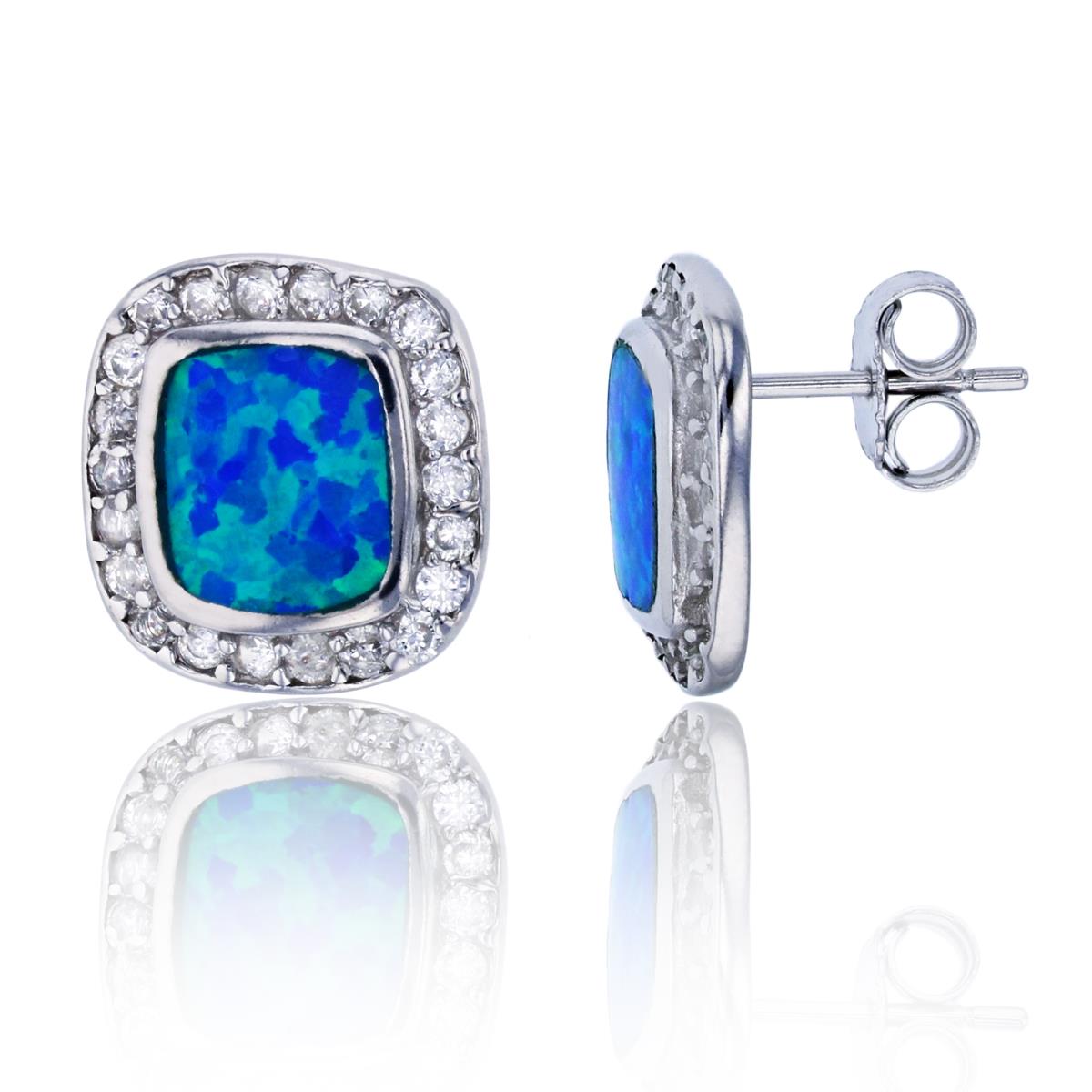 Sterling Silver Rhodium Created Blue Opal & White CZ Square Halo Stud Earring