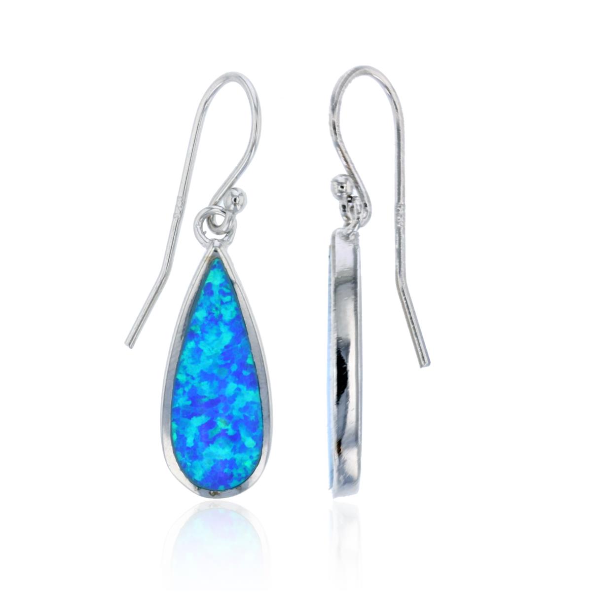 Sterling Silver Rhodium 29x10mm Created Blue Opal Pear Fish Hook Earring