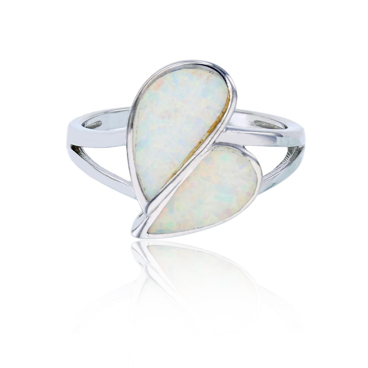 Sterling Silver Rhodium Created White Opal Split Heart Fashion Ring