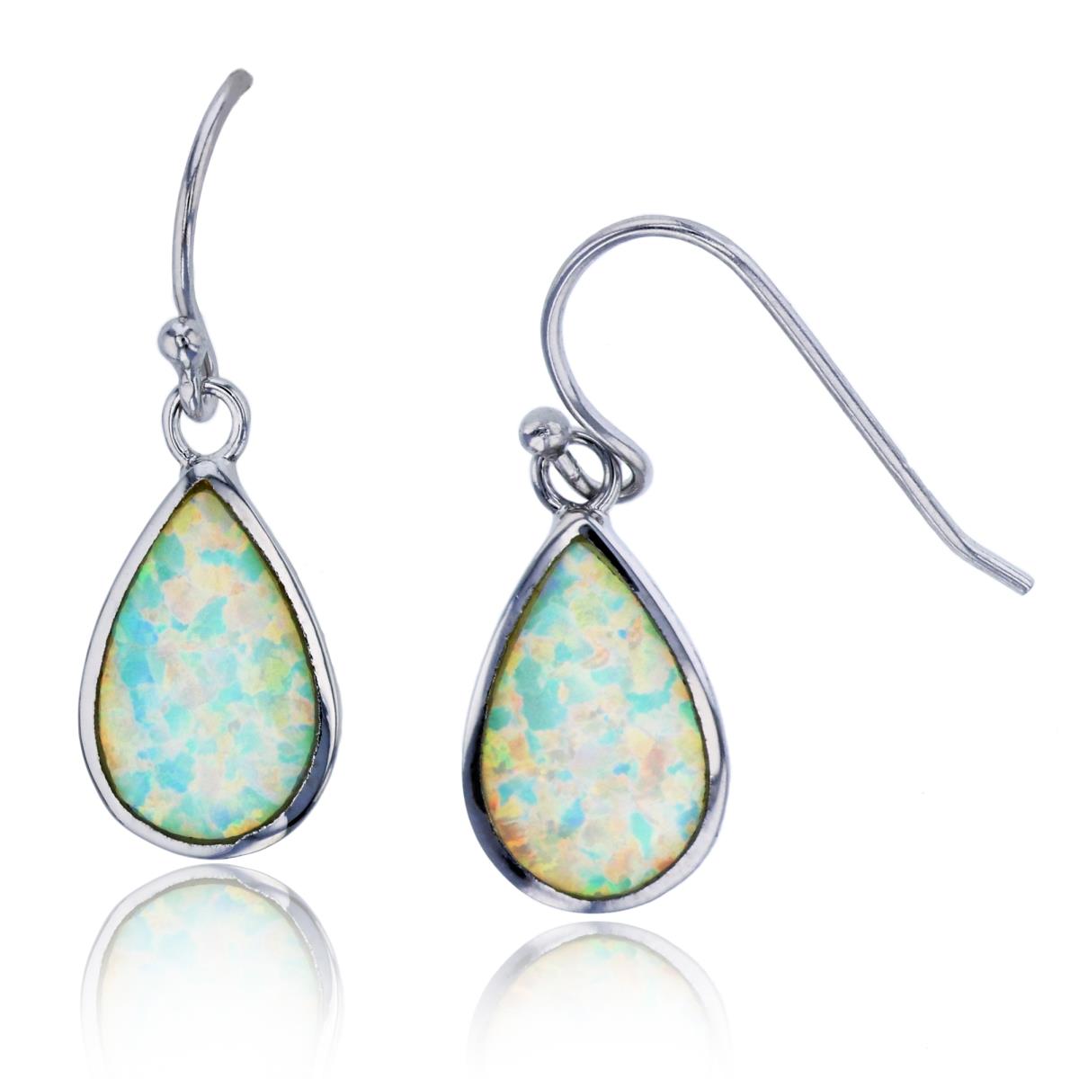 Sterling Silver Rhodium 29x10mm Created White Opal Pear Fish Hook Earring