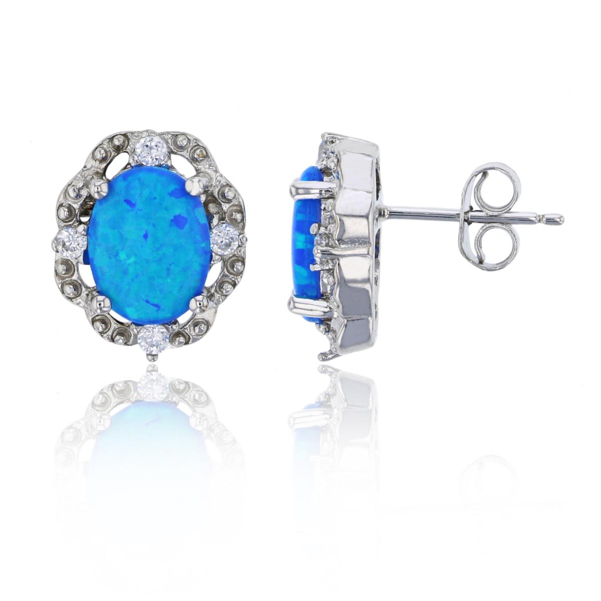 Sterling Silver Rhodium 11x13mm Created Blue Opal & Round CZ Halo Stud Earring